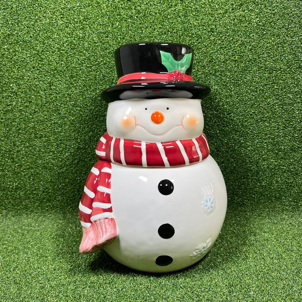 Vintage Festive Ceramic Snowman Cookie Jar Stripe Scarf Winter Christmas